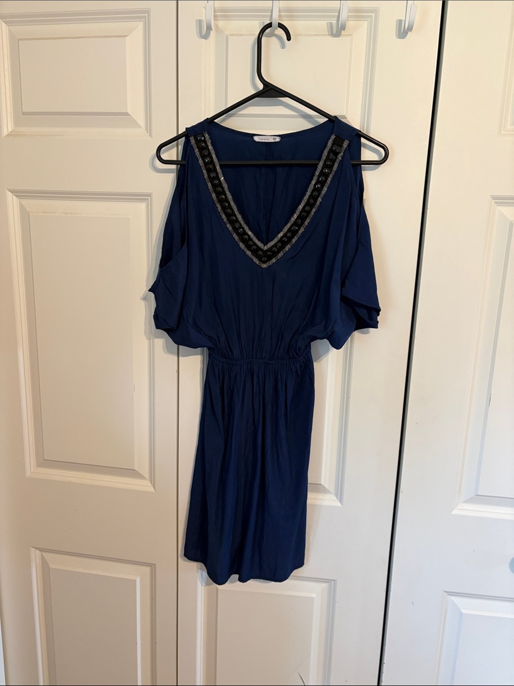Soprano Cold-Shoulder V-Neck Navy Dress with Beaded Trim - Size Small